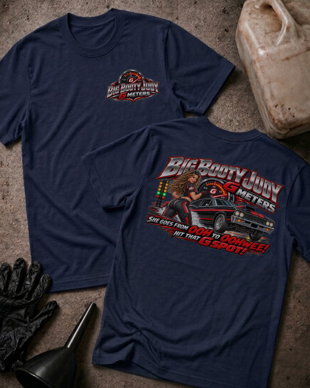 Navy Big Booty Judy G Meter T-shirt with a small front chest logo and a large back print featuring a drag racing car and G-meter graphic.