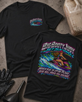 Black Big Booty Judy Jet Skiing T-shirt, front and back views with a small chest logo and colorful woman-on-jet-ski graphic reading “When she is up on plane she will drive you insane.”