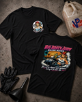 Two black graphic T-shirts laid flat on a textured gray surface, showing the front and back designs. The front has a small circular 'Big Booty Judy' chest graphic, and the back has a large colorful racing-themed print with the text 'Big Booty Judy Racing Slicks.