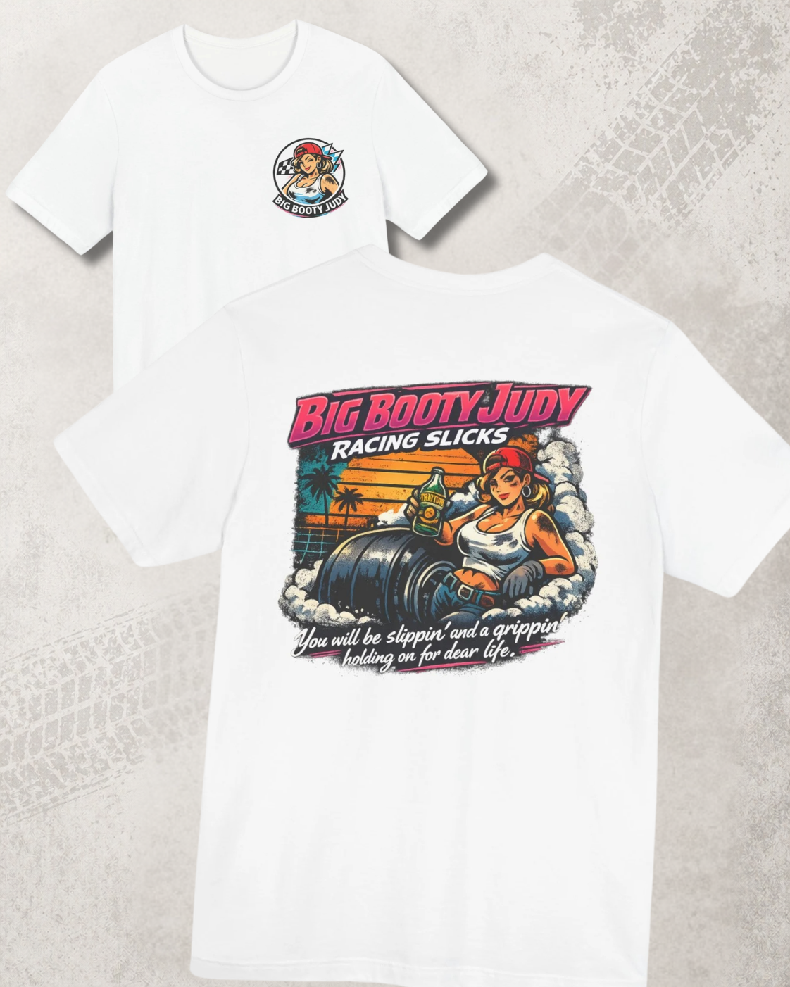 Two white t-shirts with graphic designs on a textured surface
