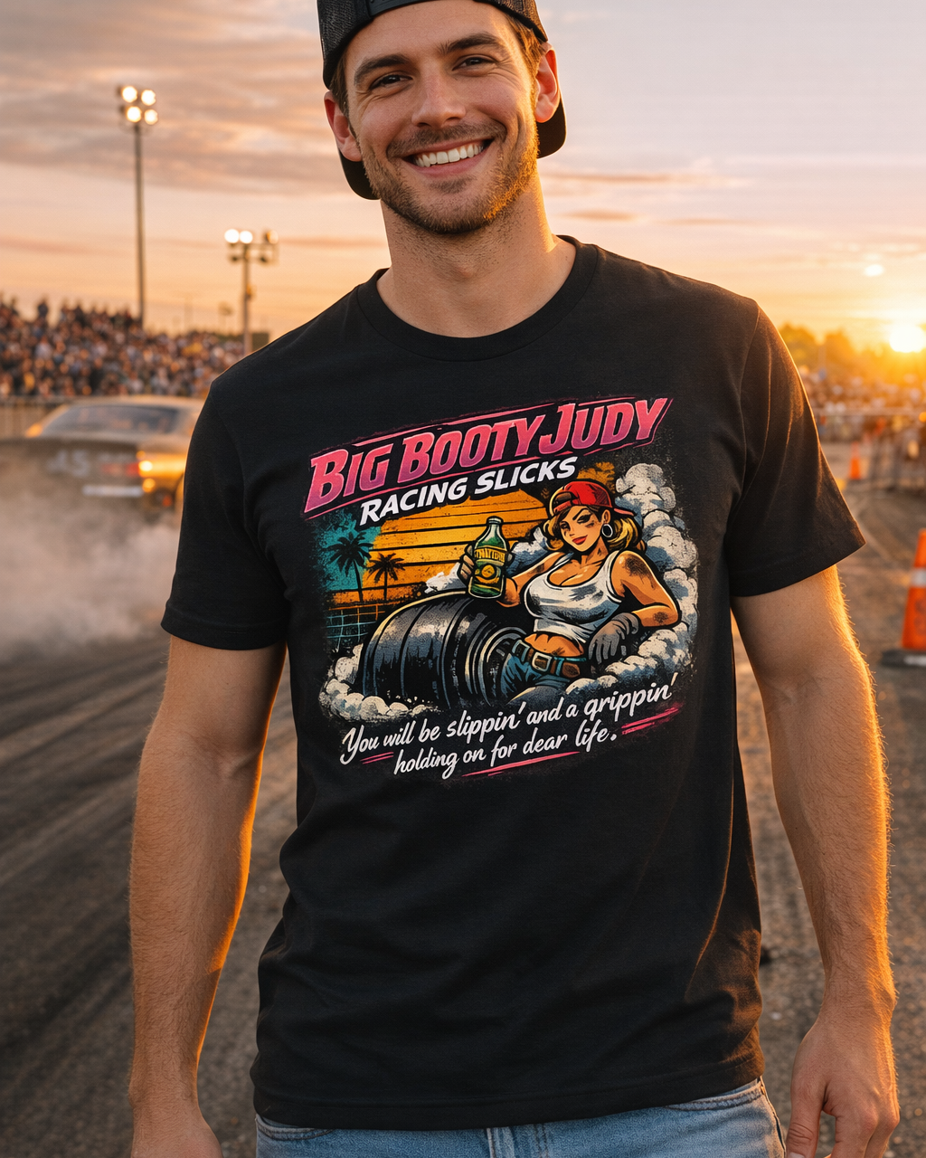 Man wearing a black t-shirt with a graphic design and 'Big Booty Judy Racing Slicks You will be slippin' and a grippin' holding on for dear life' text, standing on a race track at sunset.