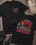 Big Booty Judy Rack To Win The Track T-shirt in black, flat lay showing the front chest logo and the back graphic reading Grab a Big Booty Judy Rack and You Will Win the Track, styled with work gloves, a funnel, and a fluid jug.
