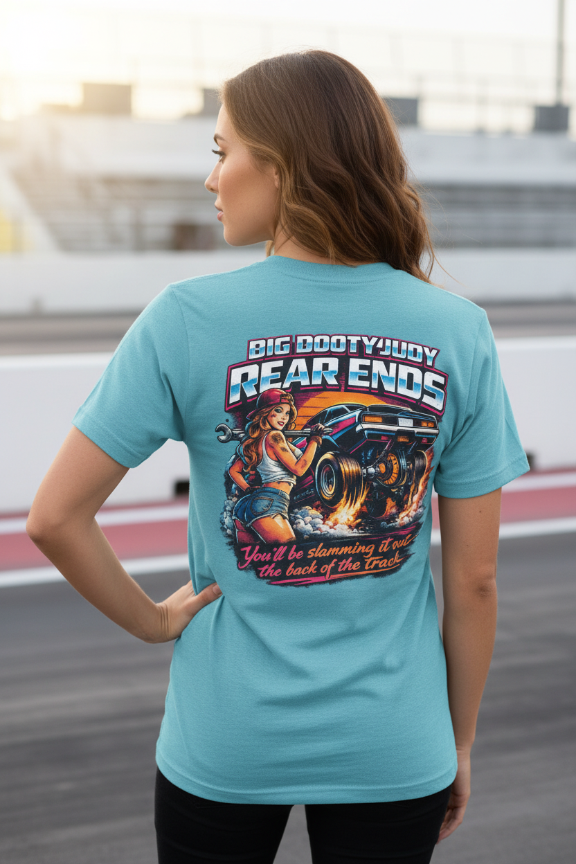 Woman wearing a turquoise t-shirt with a graphic design and 'Big Booty Judy Rear Ends You'll be slamming it out the back of the track' on the back, standing in an outdoor setting.