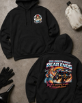 Two black hoodies laid flat on a gray concrete-style surface, showing the front and back of the same design. The front has a small circular chest graphic, and the back has a large colorful graphic with the text 'BIG BOOTYJUDY REAR ENDS' and additional stylized text below.