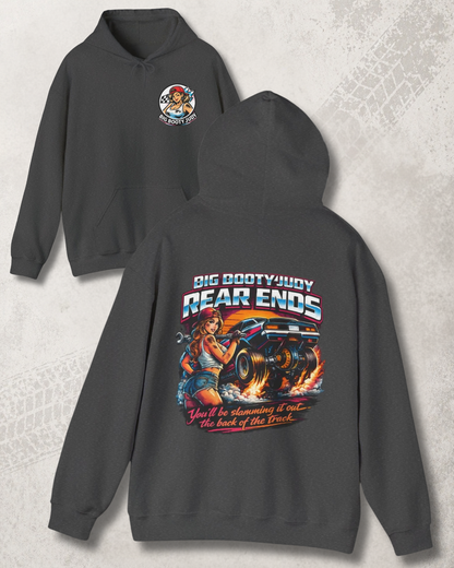 Gray hoodie with Big Booty Judy Rear Ends graphic design on front and back on a textured gray background