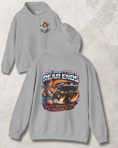 Gray hoodie with Big Booty Judy Rear Ends graphic design on a textured surface