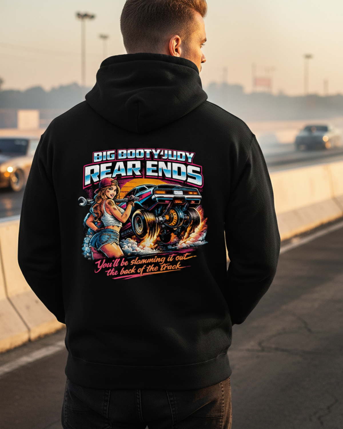 Person wearing a black hoodie with a colorful graphic and 'Big Booty Judy Rear Ends You'll be slamming it out the back of the track' text on the back, standing on a race track with vehicles in the background.