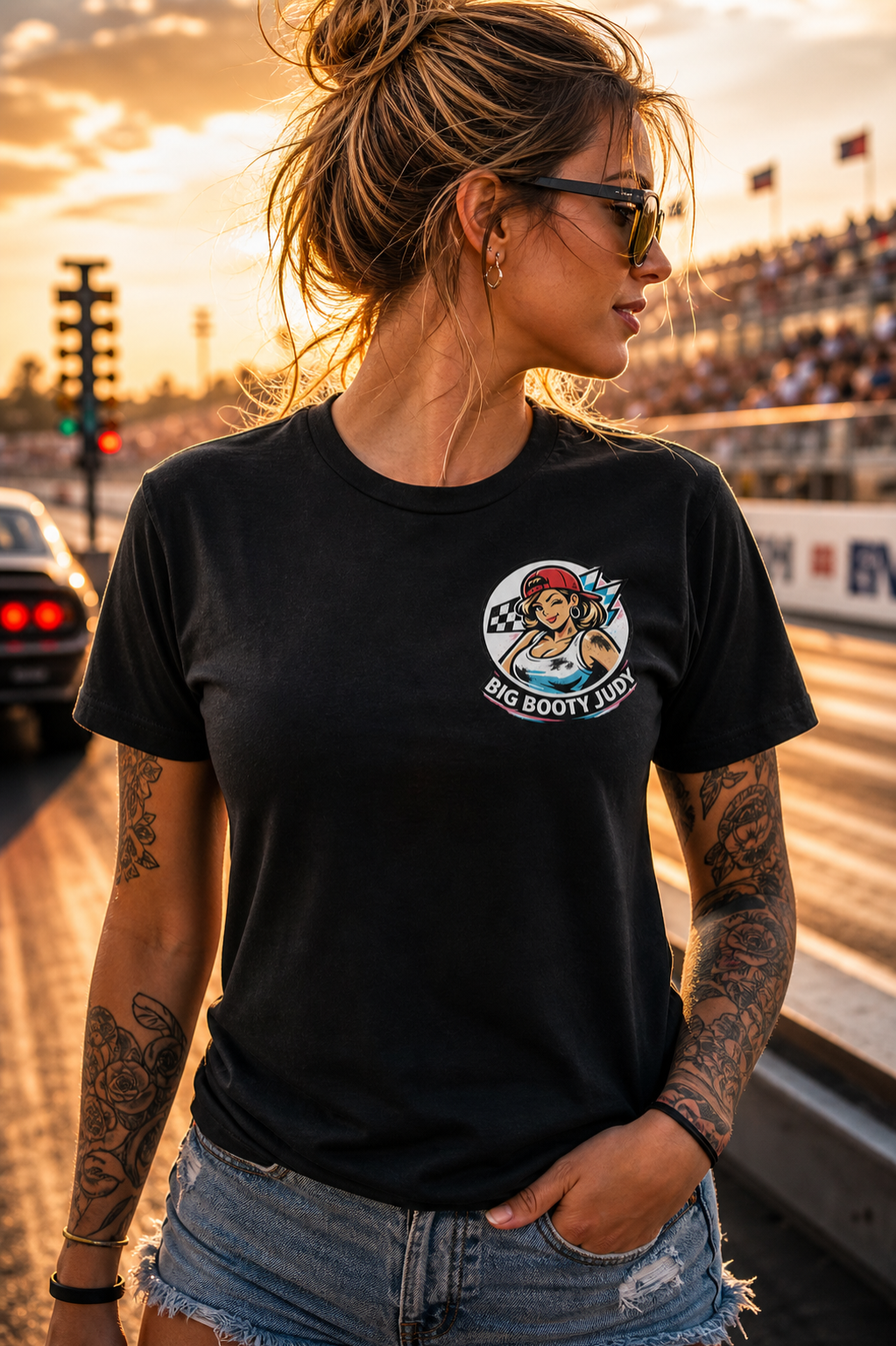 Woman wearing a black t-shirt with a Big Booty Judy logo on a race track at sunset