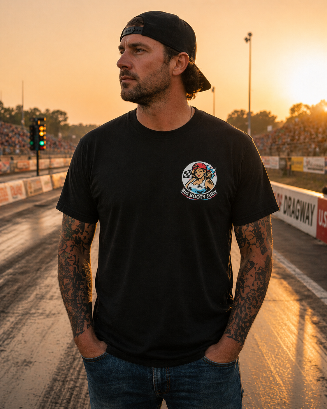 Man wearing a black t-shirt with a Big Booty Judy logo on a race track at sunset