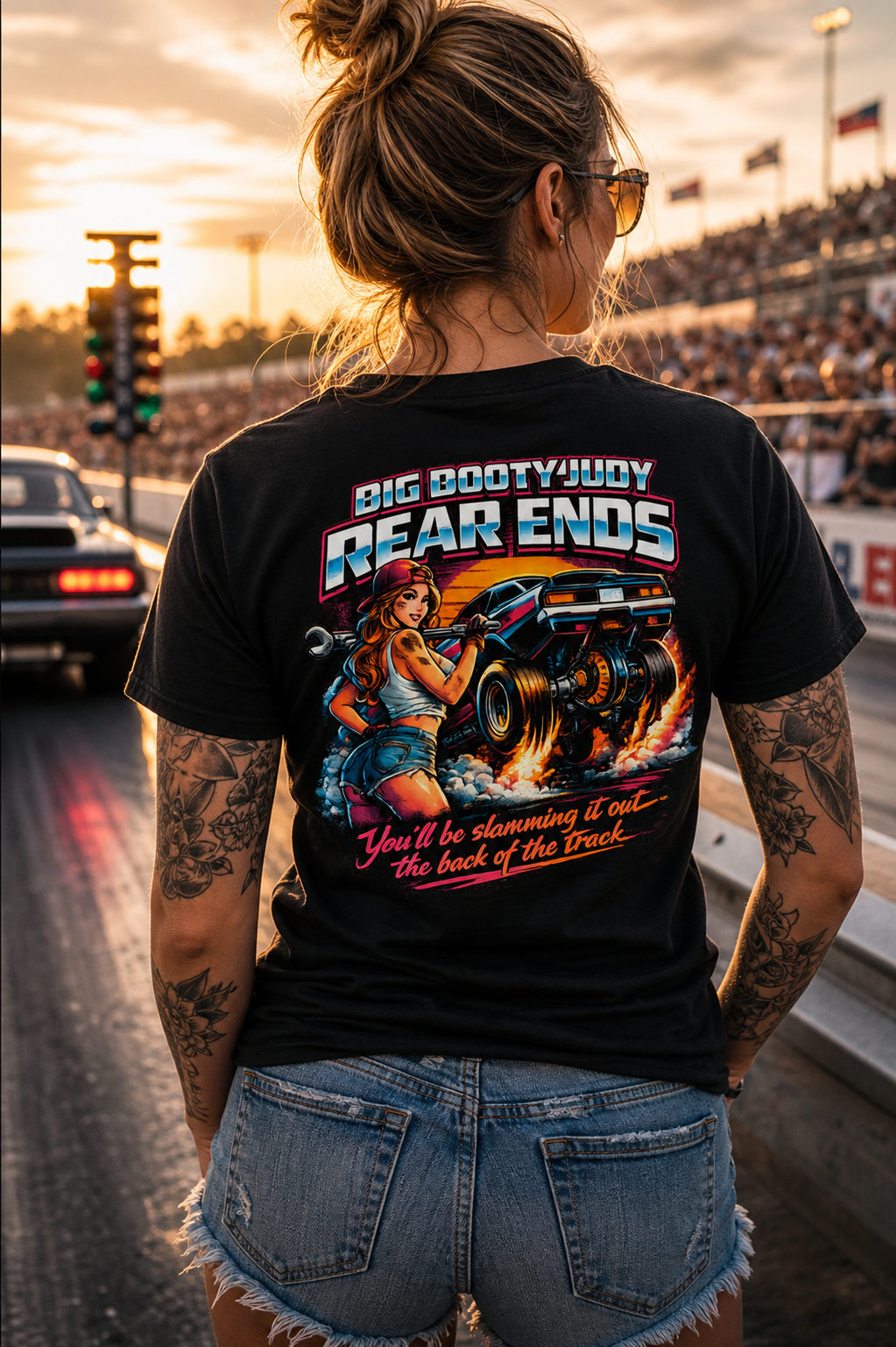 Woman wearing a black Big Booty Judy Rear Ends t-shirt with a graphic design and cap, standing on a racetrack at sunset.