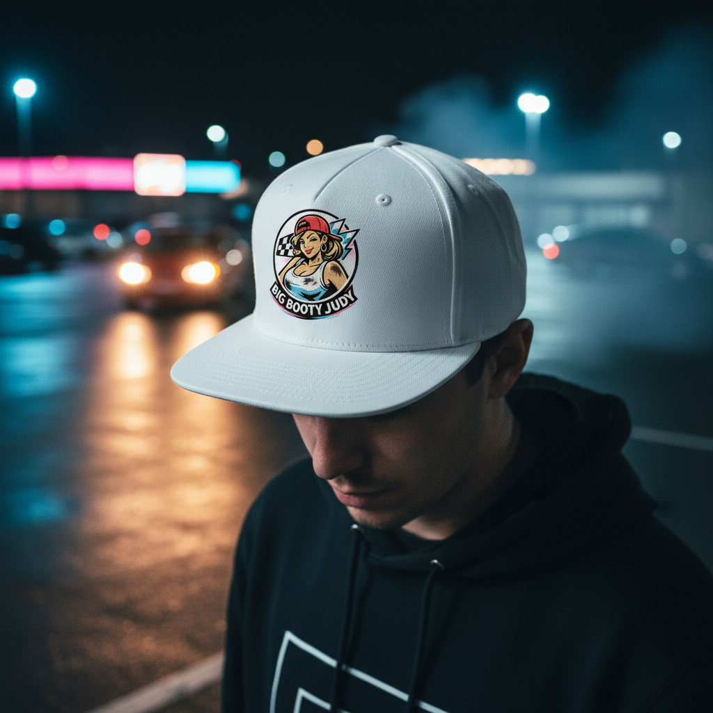Person wearing a cap with a 'Big Booty Judy' logo on a city street at night