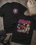 Two black graphic t-shirts displayed on a textured gray surface with racing-themed props, including a jerrycan, gloves, and funnel. The front shirt features a circular 'Big Booty Judy Racing Club' logo on the left chest, while the back shirt displays a large, colorful racing graphic with the text 'Big Boot Judy Racing Club' and 'Wheels Up, Rear Down, Goin To Town'.