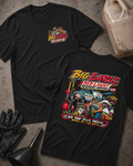 Front and back of Big Earl’s Red Light Recovery black T-shirt with chest logo, tow truck, mechanic and helmeted racer beside a red starting light, and “We tow your pride back to the pits” slogan.