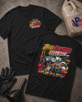 A black short-sleeve t-shirt with a large, colorful graphic print on the front. The graphic features a cartoon illustration of a race car, tow truck, and recovery workers under the text 'Big Earl's Red Light Recovery Service' and 'We Tow Your Pride Back to the Pit'.