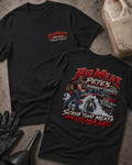 Black Big Meat Pete's Burnout Service T-shirt shown front and back, with a small chest logo and a large back graphic of a drag car doing a smoky burnout.