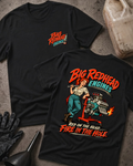 Black Big Redhead Engines T-shirt showing the front spark-plug logo and back cartoon of a redhead woman by an engine stand with a supercharged V8 and flaming headers, “Red on the Head, Fire in the Hole,” with gloves, funnel, and oil jug.