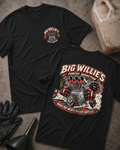 Front and back of Big Willie’s Forced Induction black drag racing T-shirt with chest logo, supercharged engine, boost gauge, racing lights, and “When you need a bigger squeeze” slogan.