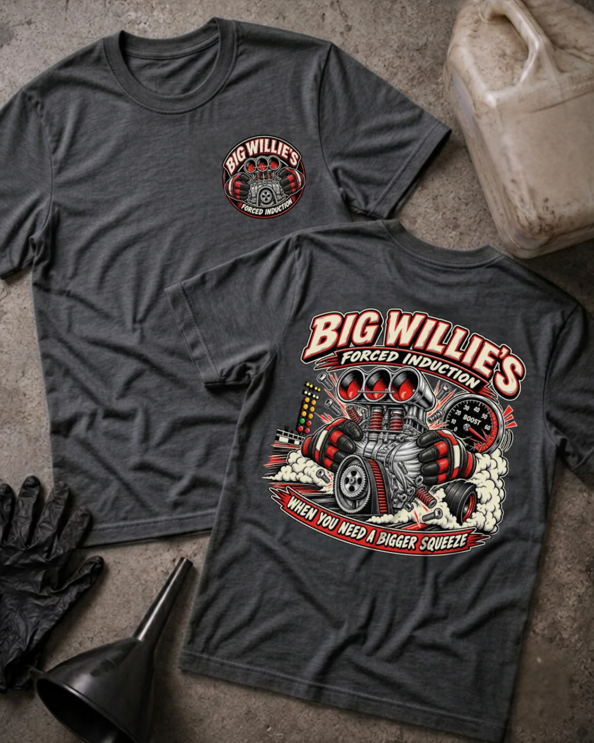 Front and back of Big Willie’s Forced Induction dark grey heather drag racing T-shirt with chest logo, supercharged engine, boost gauge, racing lights, and “When you need a bigger squeeze” slogan.