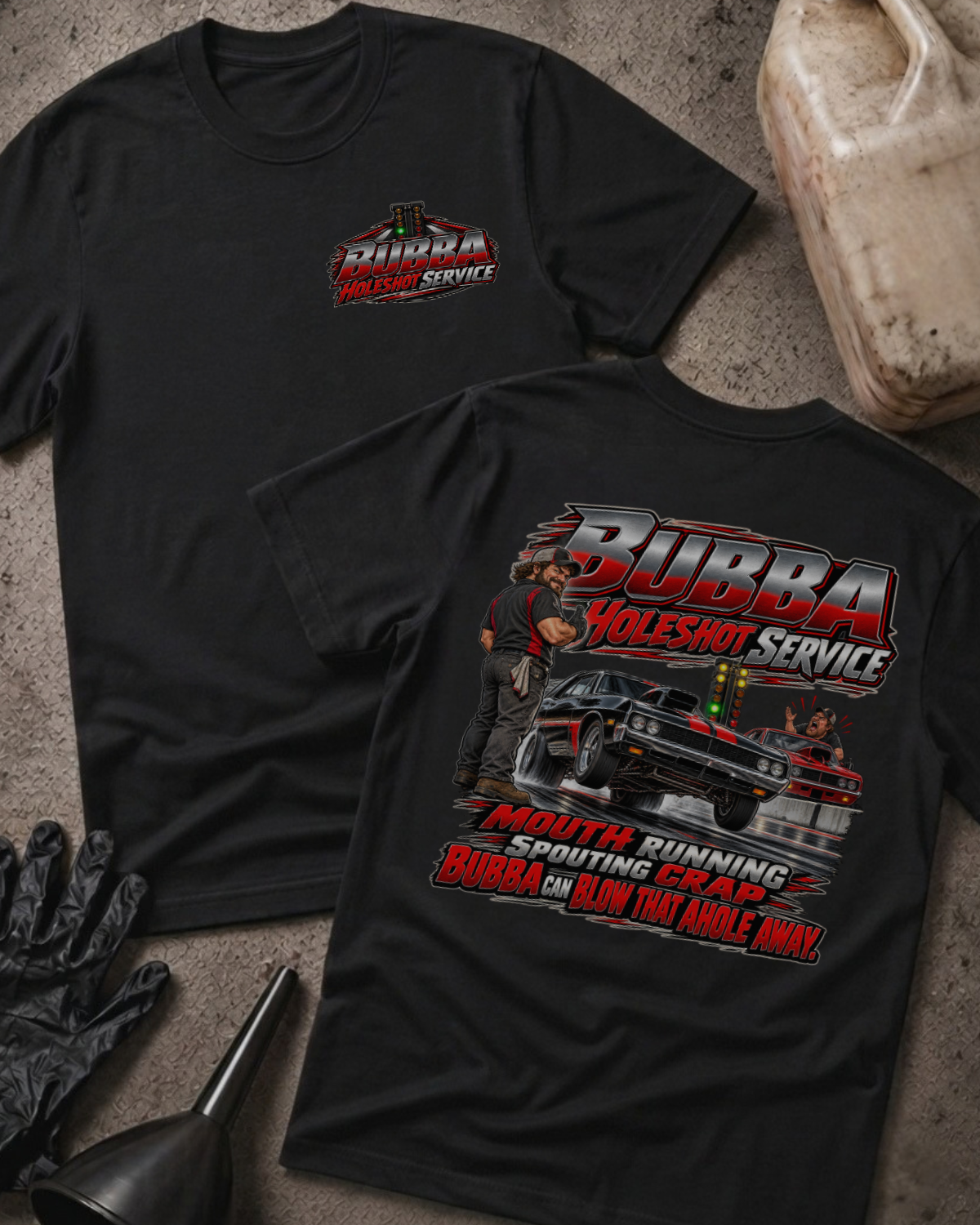 Black Bubba Holeshot Service T-shirt with a small front chest logo and a large back graphic featuring Bubba, a launching muscle car, and drag-strip lights.