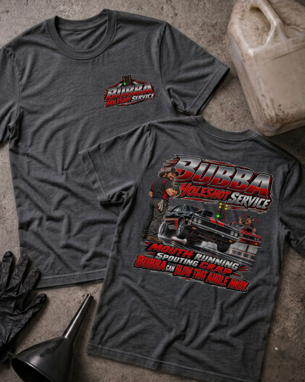 Dark grey heather Bubba Holeshot Service T-shirt with a small front chest logo and a large muscle car drag racing graphic on the back.