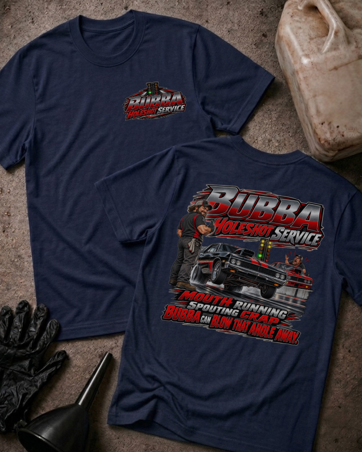 Navy Bubba Holeshot Service T-shirt with a small front chest logo and a large back graphic of Bubba beside a launching muscle car.