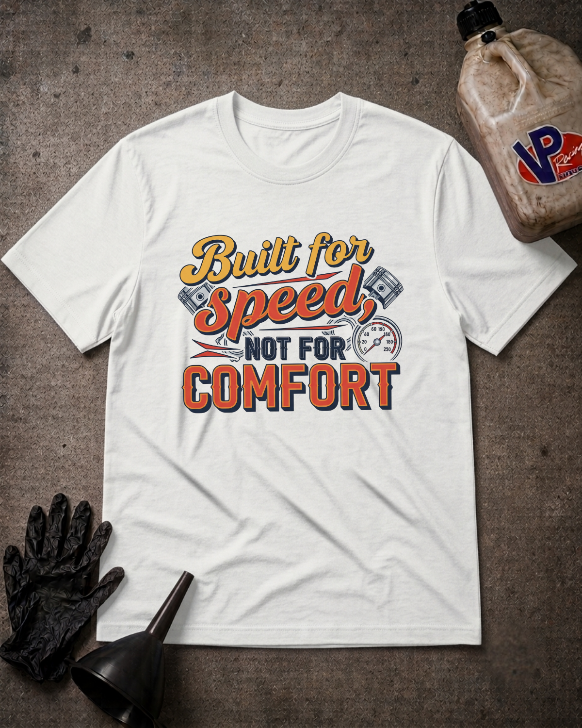 A white graphic t-shirt laid flat on a textured gray surface, surrounded by automotive-themed props including a black glove, funnel, and a bottle of VP motor oil. The t-shirt features a colorful retro-style graphic with the text 'Built for Speed NOT FOR COMFORT' and engine piston illustrations.