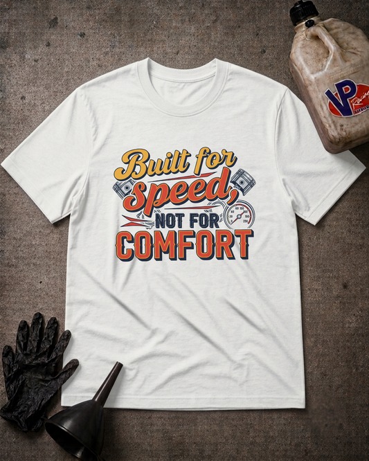 A white graphic t-shirt laid flat on a textured gray surface, surrounded by automotive-themed props including a black glove, funnel, and a bottle of VP motor oil. The t-shirt features a colorful retro-style graphic with the text 'Built for Speed NOT FOR COMFORT' and engine piston illustrations.