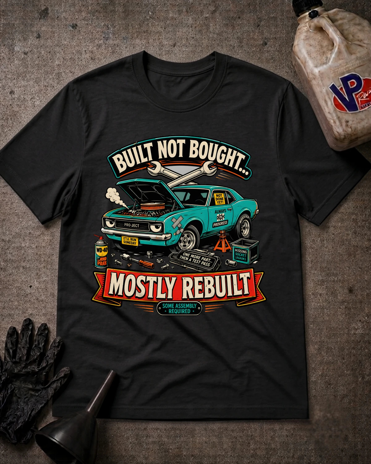 A black graphic t-shirt laid flat on a textured gray background with automotive props including a gas bottle, gloves, funnel, and wrenches. The shirt features a graphic of a teal muscle car with its hood open, surrounded by tools, with the text 'BUILT NOT BOUGHT.