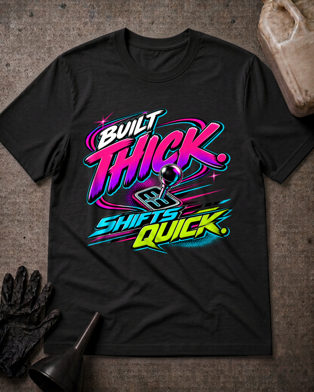 Black T-shirt laid flat with “Built Thick, Shifts Quick” lettering in neon pink, cyan and lime around a manual gear-shift graphic.