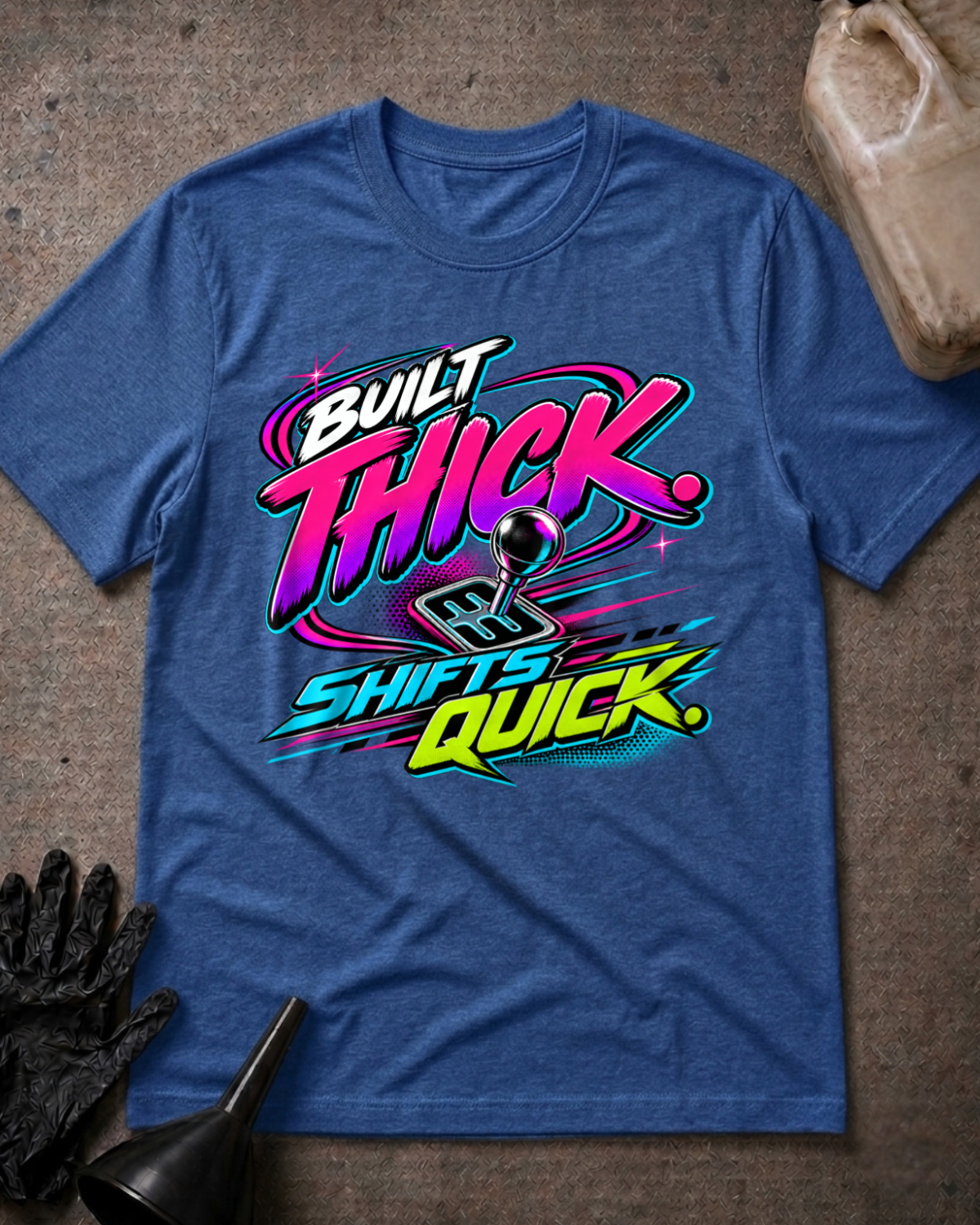 Heather true royal blue T-shirt laid flat with “Built Thick, Shifts Quick” lettering in neon pink, cyan and lime around a manual gear-shift graphic.