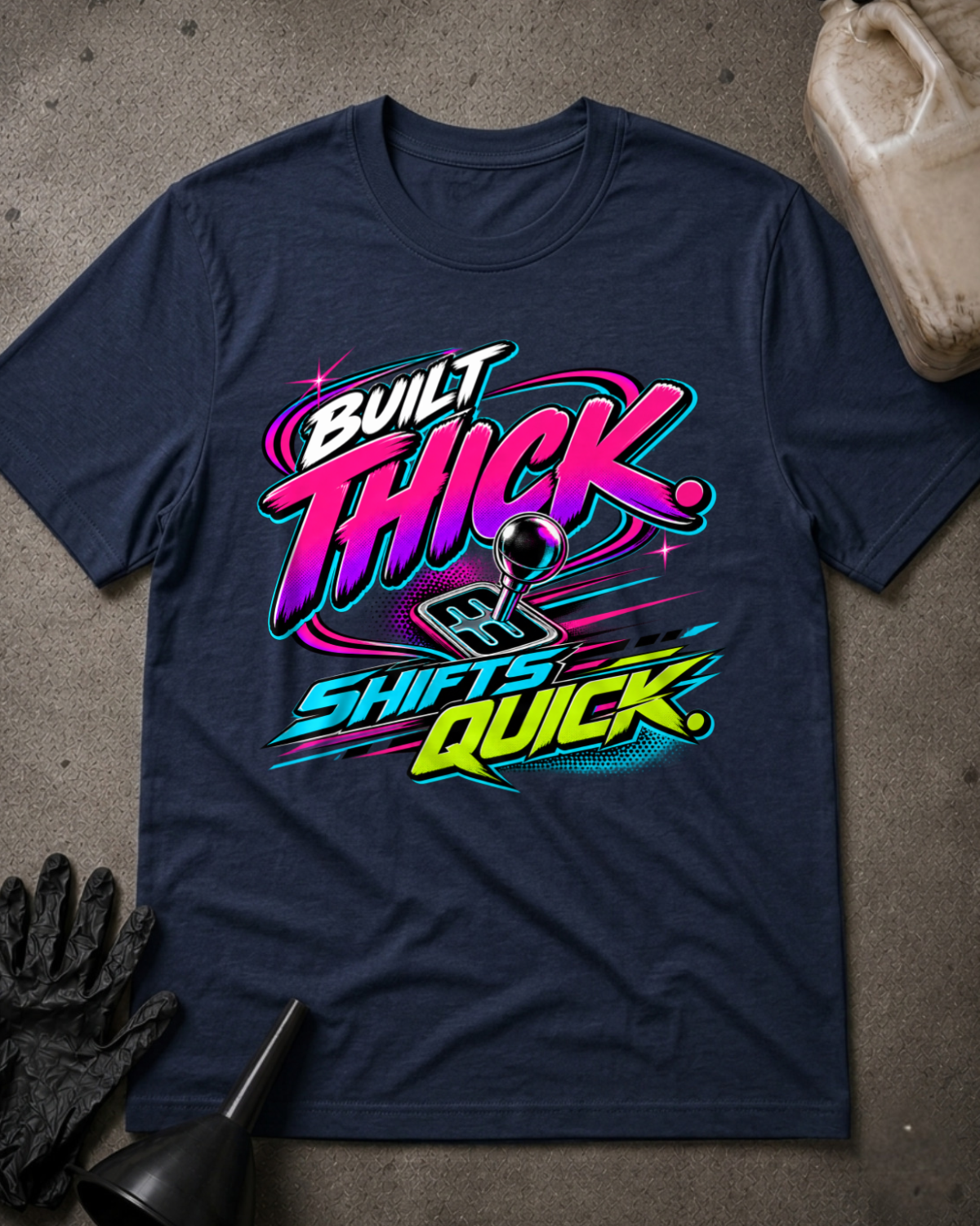Navy T-shirt laid flat with “Built Thick, Shifts Quick” lettering in neon pink, cyan and lime around a manual gear-shift graphic.