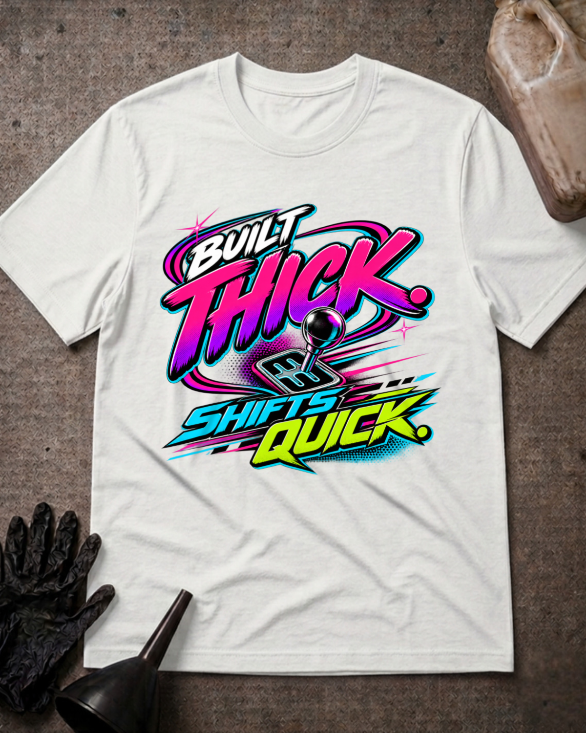 White T-shirt laid flat with “Built Thick, Shifts Quick” lettering in neon pink, cyan and lime around a manual gear-shift graphic.