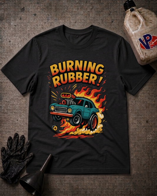 A black graphic t-shirt laid flat on a textured dark background, featuring a teal hot-rod car with flames and the text 'BURNING RUBBER!'. A black glove, funnel, and a plastic jug are placed around it as styling props.