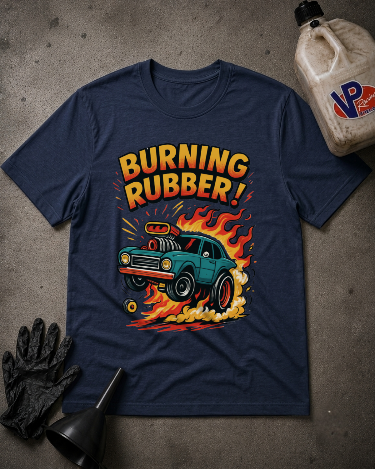 A navy blue graphic t-shirt laid flat on a textured gray surface, featuring a retro-style illustration of a teal muscle car with flames and the text 'BURNING RUBBER!'. Surrounding props include a black funnel, black gloves, and a plastic jug with a VP logo.
