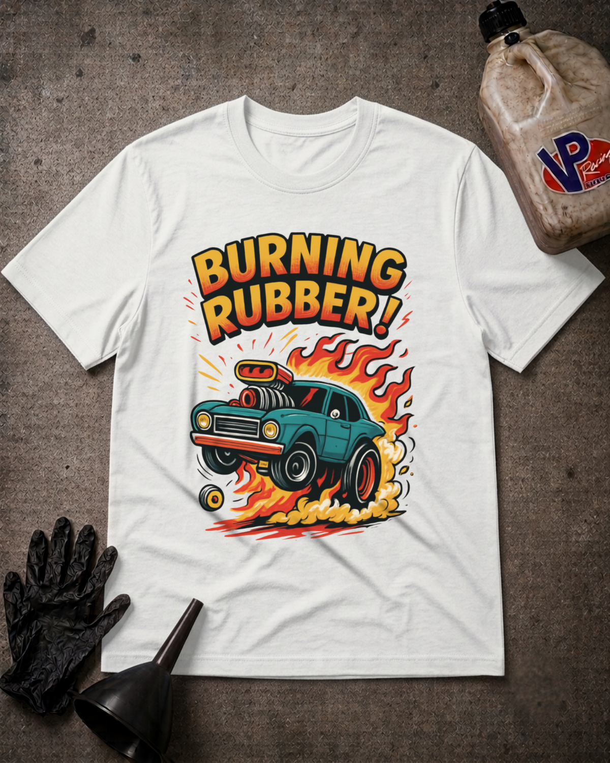 A white graphic t-shirt laid flat on a textured dark gray surface, surrounded by automotive-themed props including a black glove, funnel, and a jug of VP Performance fluid. The t-shirt features a graphic of a teal muscle car with flames and the text 'BURNING RUBBER!'.