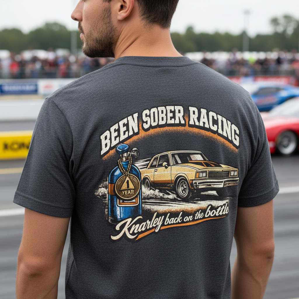 Person wearing a t-shirt with 'Been Sober Racing' graphic and text at a race track.