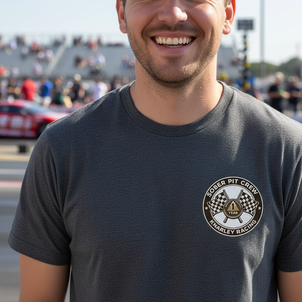 Man wearing a dark grey heather t-shirt with a 'Sober Pit Crew Knarley Racing' logo at a race track