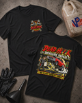 Two black graphic T-shirts laid flat on a textured gray surface, with automotive-themed printed artwork and the text 'DEAD HOOK DRIVELINE REPAIR.' One shirt shows a small circular chest logo, and the other shows a large back graphic with a race car illustration and the phrase 'WHEN TOO MUCH TRACTION GETS EXPENSIVE.