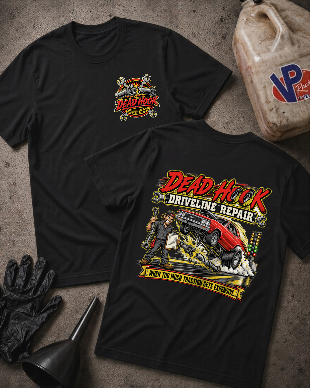 Two black graphic T-shirts laid flat on a textured gray surface, with automotive-themed printed artwork and the text 'DEAD HOOK DRIVELINE REPAIR.' One shirt shows a small circular chest logo, and the other shows a large back graphic with a race car illustration and the phrase 'WHEN TOO MUCH TRACTION GETS EXPENSIVE.