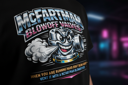 Design detail close-up of McFartman Blowoff Valves t-shirt graphic