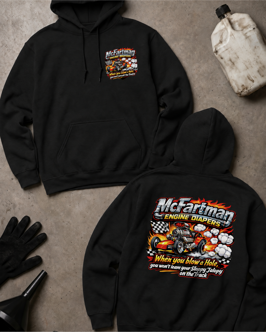 McFartman Engine Diapers Hoodie in black, flat lay with an unbranded prop bottle.