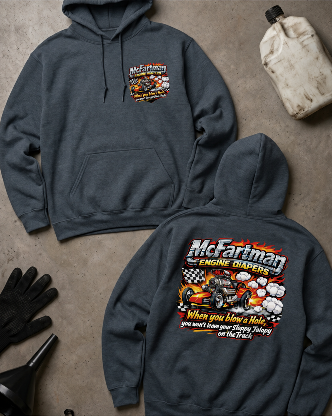 McFartman Engine Diapers Hoodie in dark heather, flat lay with an unbranded prop bottle.