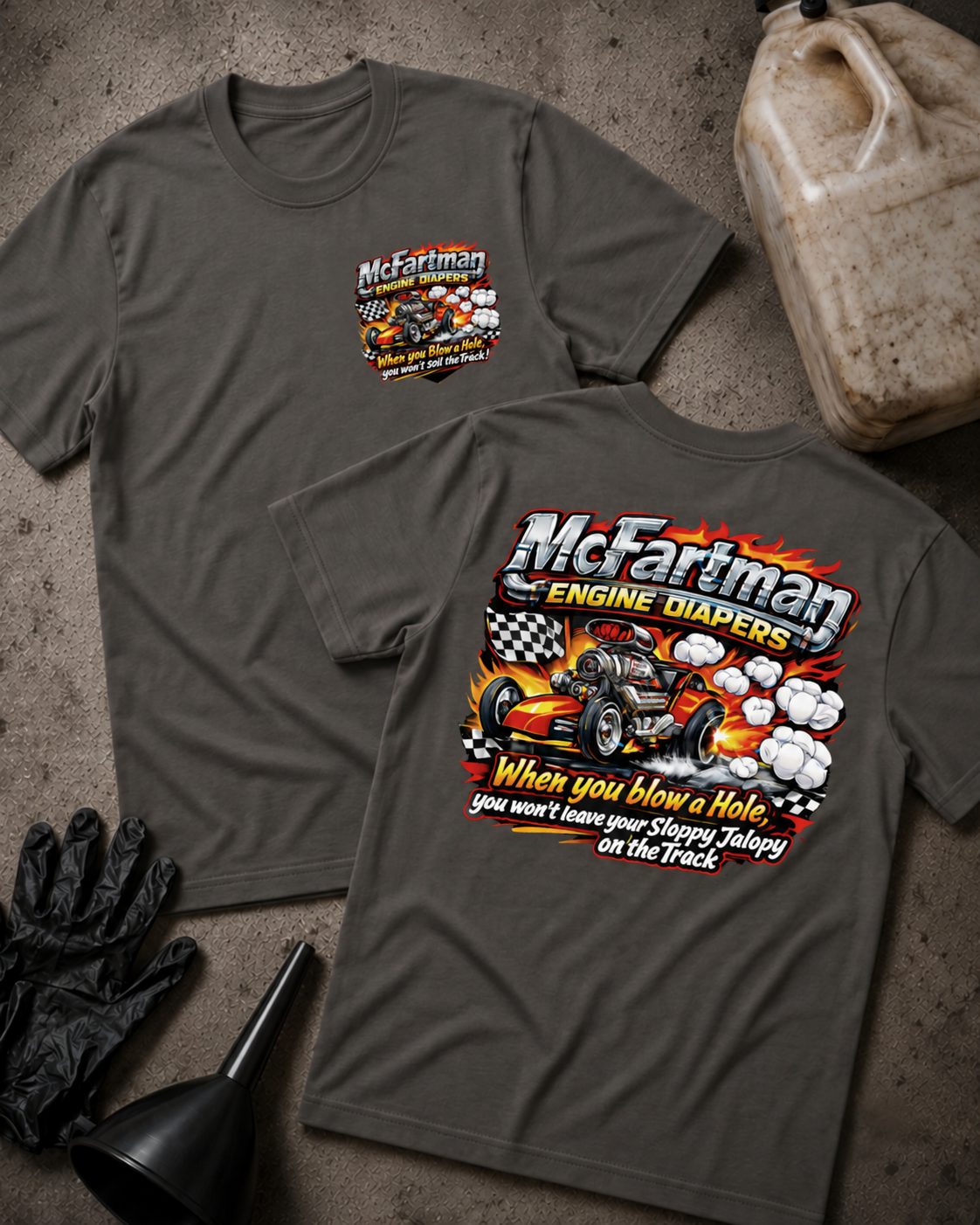 McFartman Engine Diapers T-Shirt in asphalt, flat lay with an unbranded prop bottle.