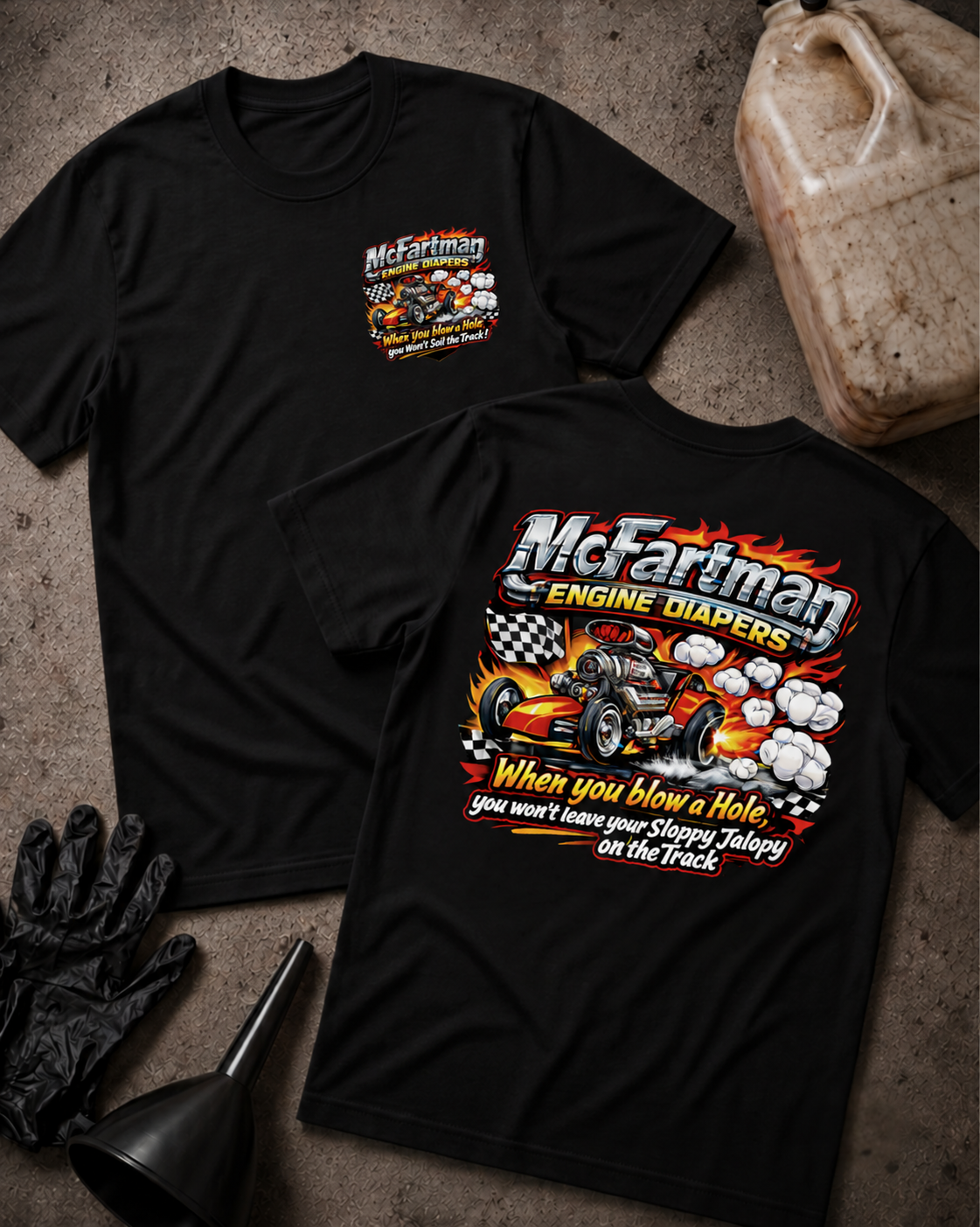 McFartman Engine Diapers T-Shirt in black, flat lay with an unbranded prop bottle.