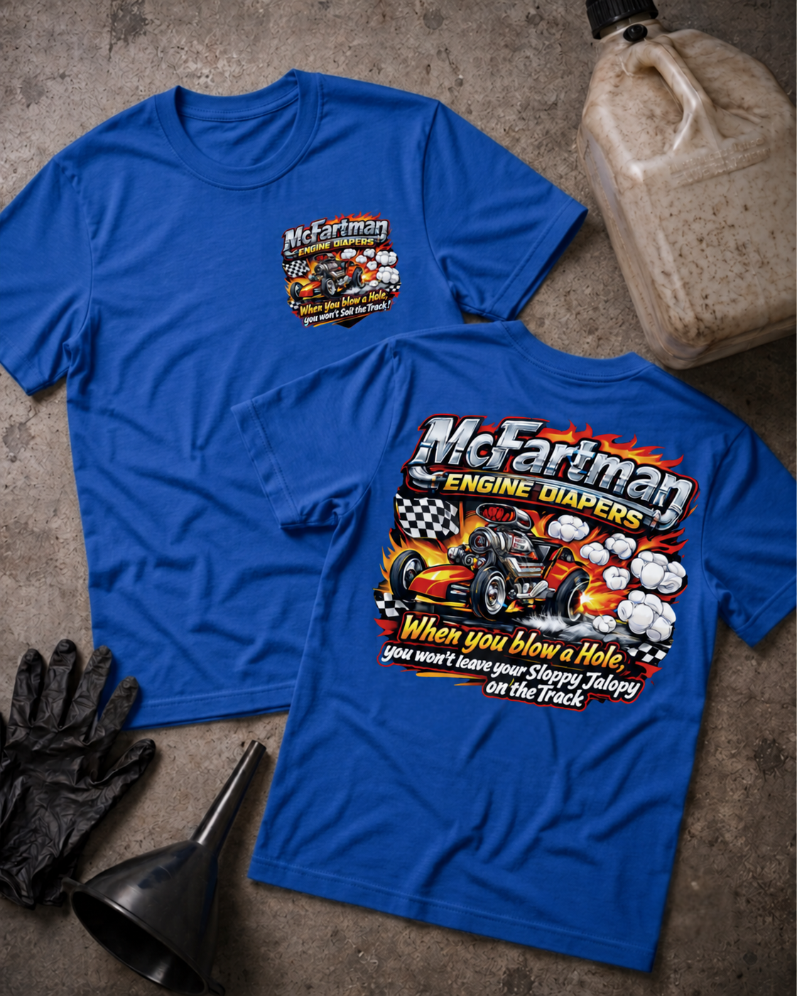 McFartman Engine Diapers T-Shirt in true royal, flat lay with an unbranded prop bottle.