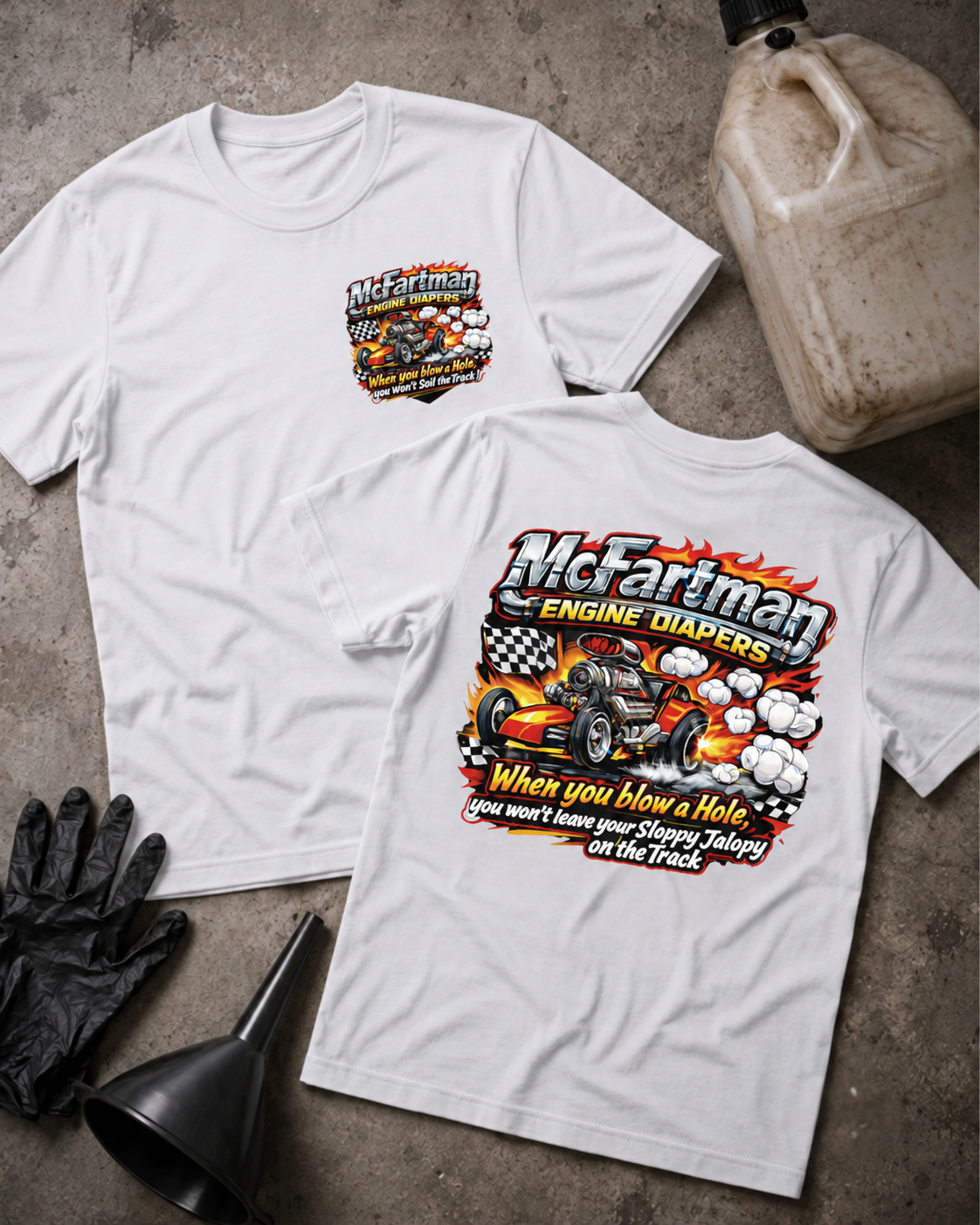 McFartman Engine Diapers T-Shirt in white, flat lay with an unbranded prop bottle.