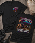 Black Dirty Debbie’s Mud Recovery T-shirt, front and back views with a chest tow-hook logo and a woman beside trucks in mud, plus “The deeper you bury it, the harder we pull.”