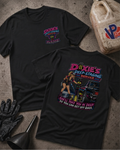 Black Dixie’s Deep Staging Service drag racing T-shirt showing front pocket and large back graphics