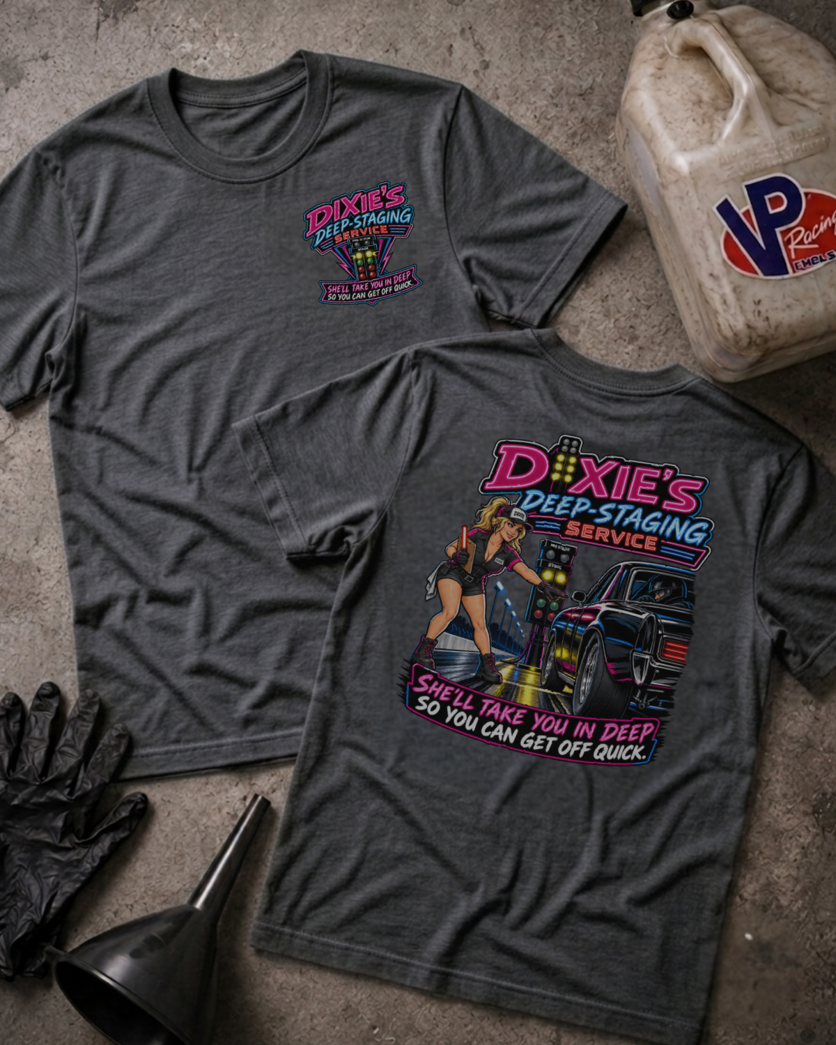 Dark grey heather Dixie’s Deep Staging Service drag racing T-shirt showing front pocket and large back graphics