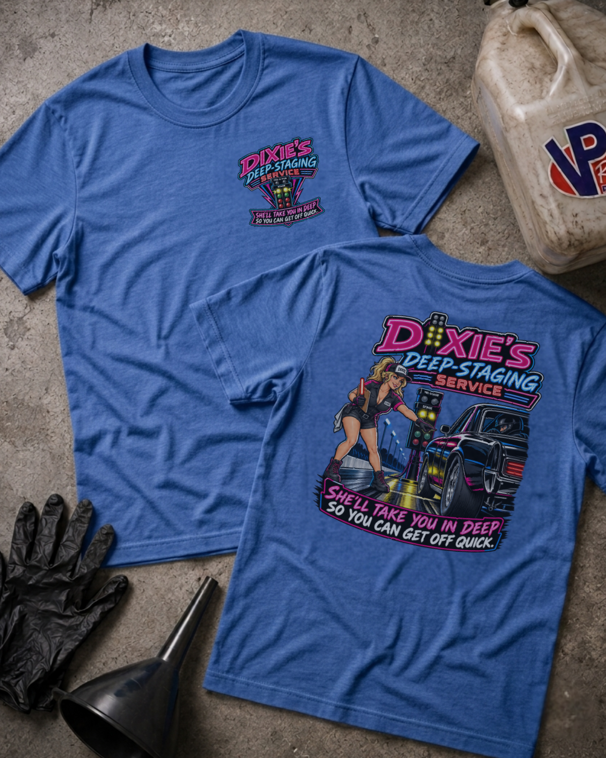  Heather true royal Dixie’s Deep Staging Service drag racing T-shirt showing front pocket and large back graphics